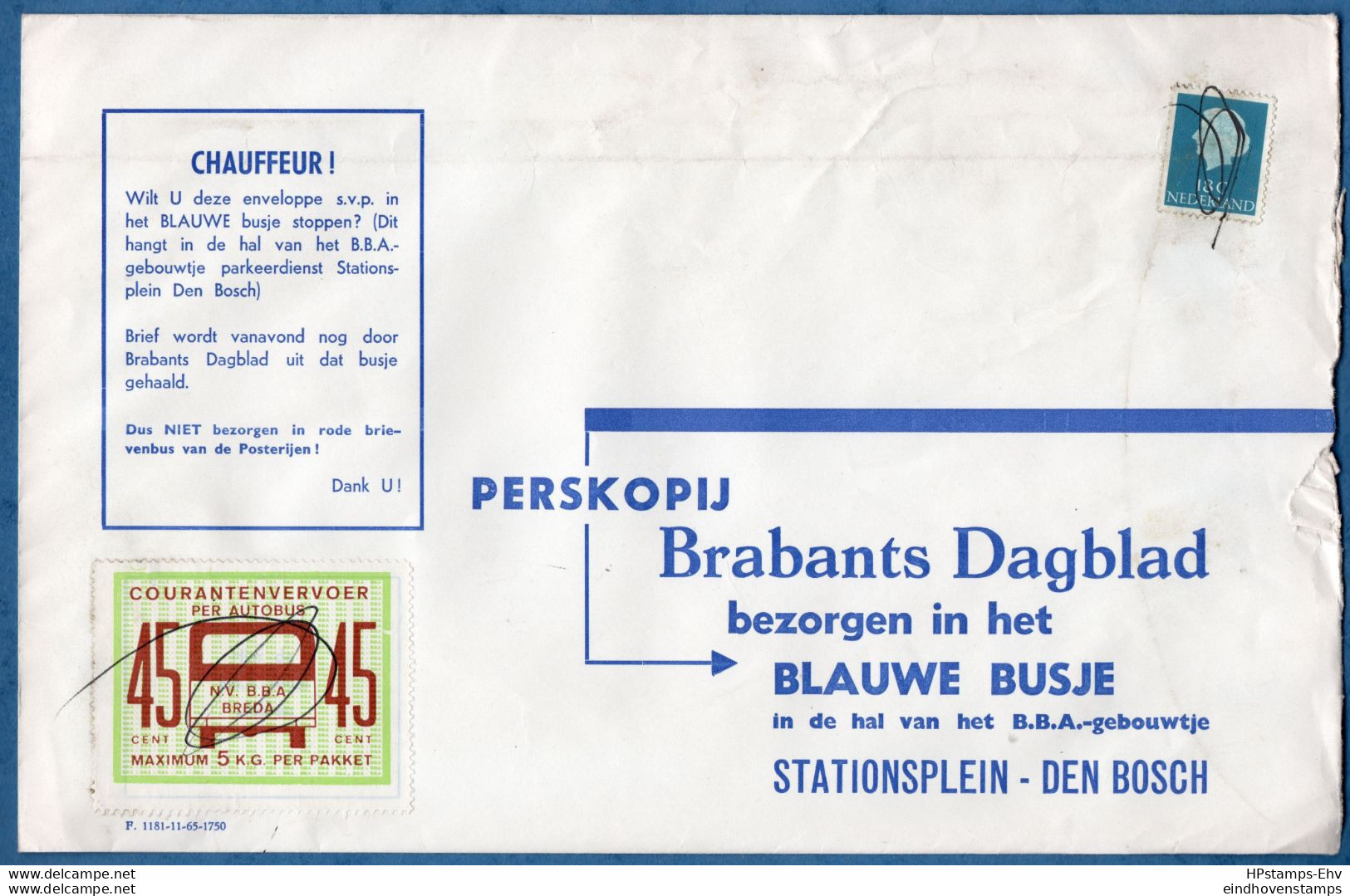 Netherlands B.B.A. Autobus Letter Breda With 45 C Bus-stamp 1965 Franked 18 C Postage + 45 C Bus 1203.1307 Busbrief - Covers & Documents