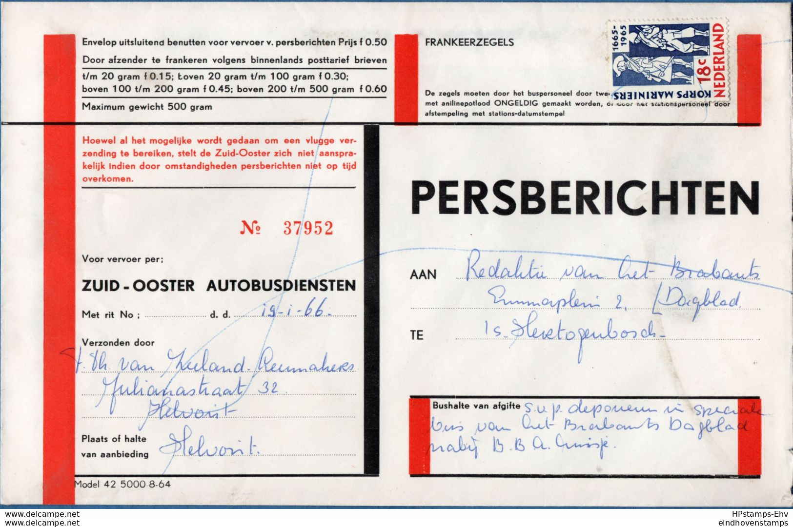 Netherlands Zuid-Ooster Autobus Letter From Helvoirt To Hertogenbosch 1965 Franked 18 C Postage 1203.1306 Treinbrief - Covers & Documents