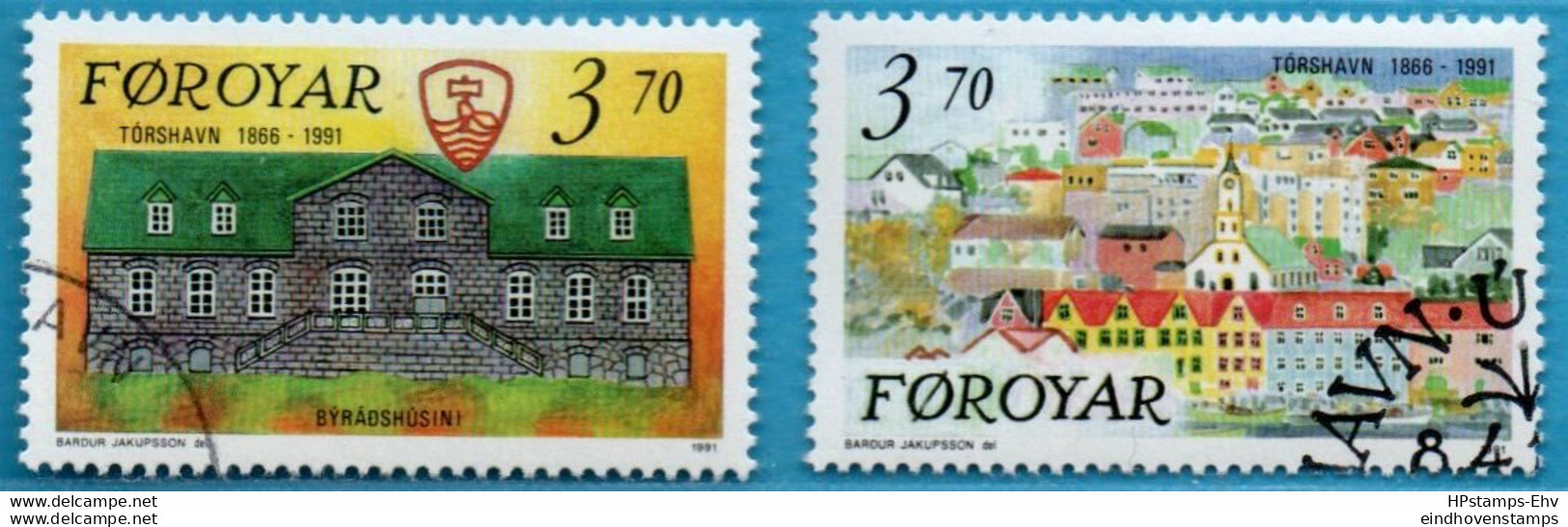 Faeroër 1991 Thorshavn 125 Year 2 Values Cancelled 91-03 City Hall, City View - Géographie