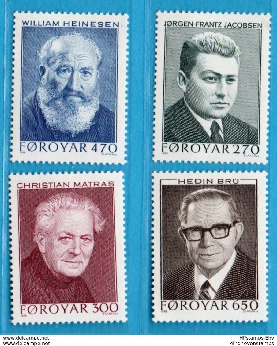 Faeroër 1988 Writers 4 Values MNH 88-03 Jorgen Jacobsen, Chrristian Mathras, William Heinesen. Hedin Bru - Sonstige & Ohne Zuordnung