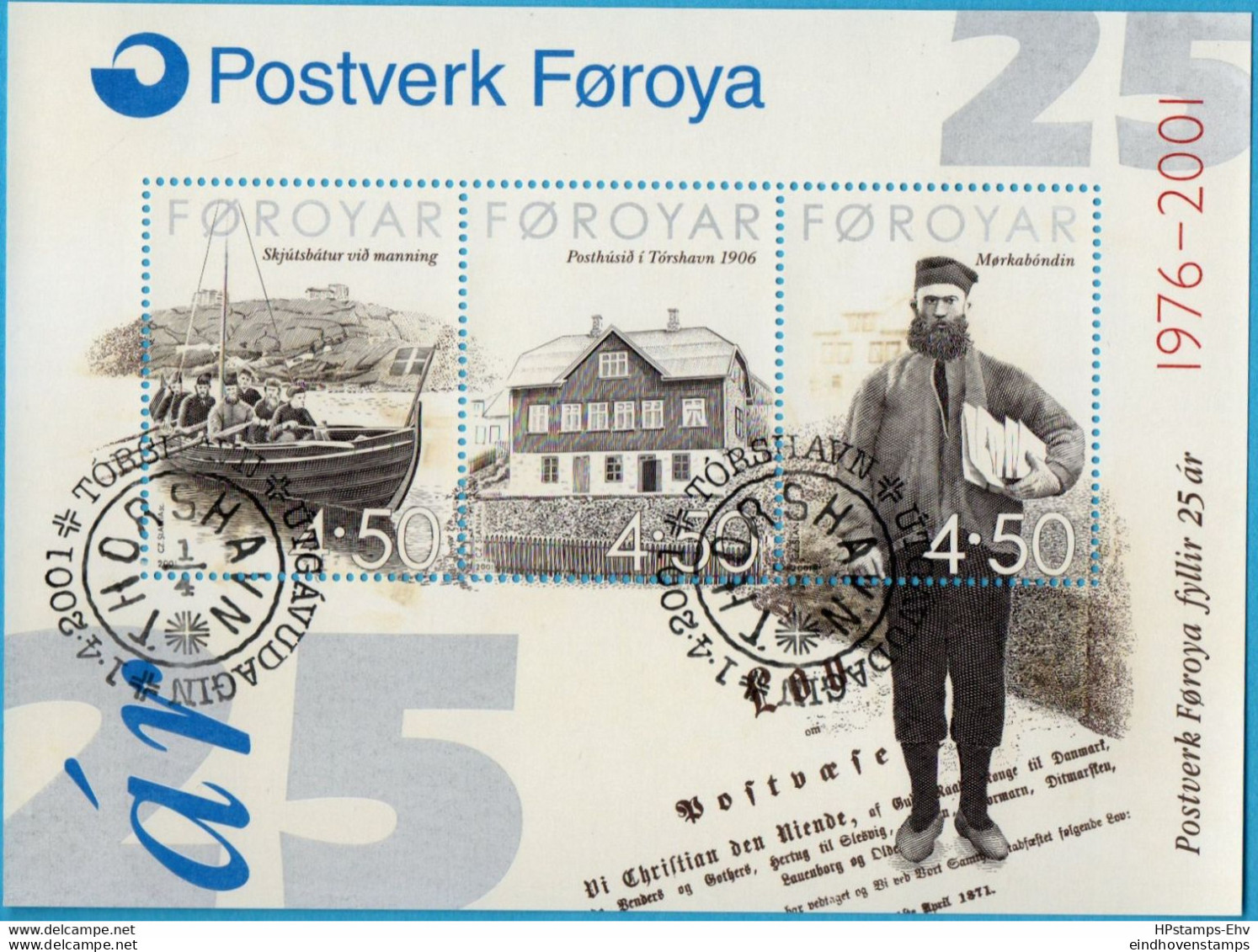 Faeroër 2001 50 Year Postal Service Block 01-Bl 10 Cancelled Faroe Islands, Rowing Boat, Post Office Thorshavn, Postman - Poste