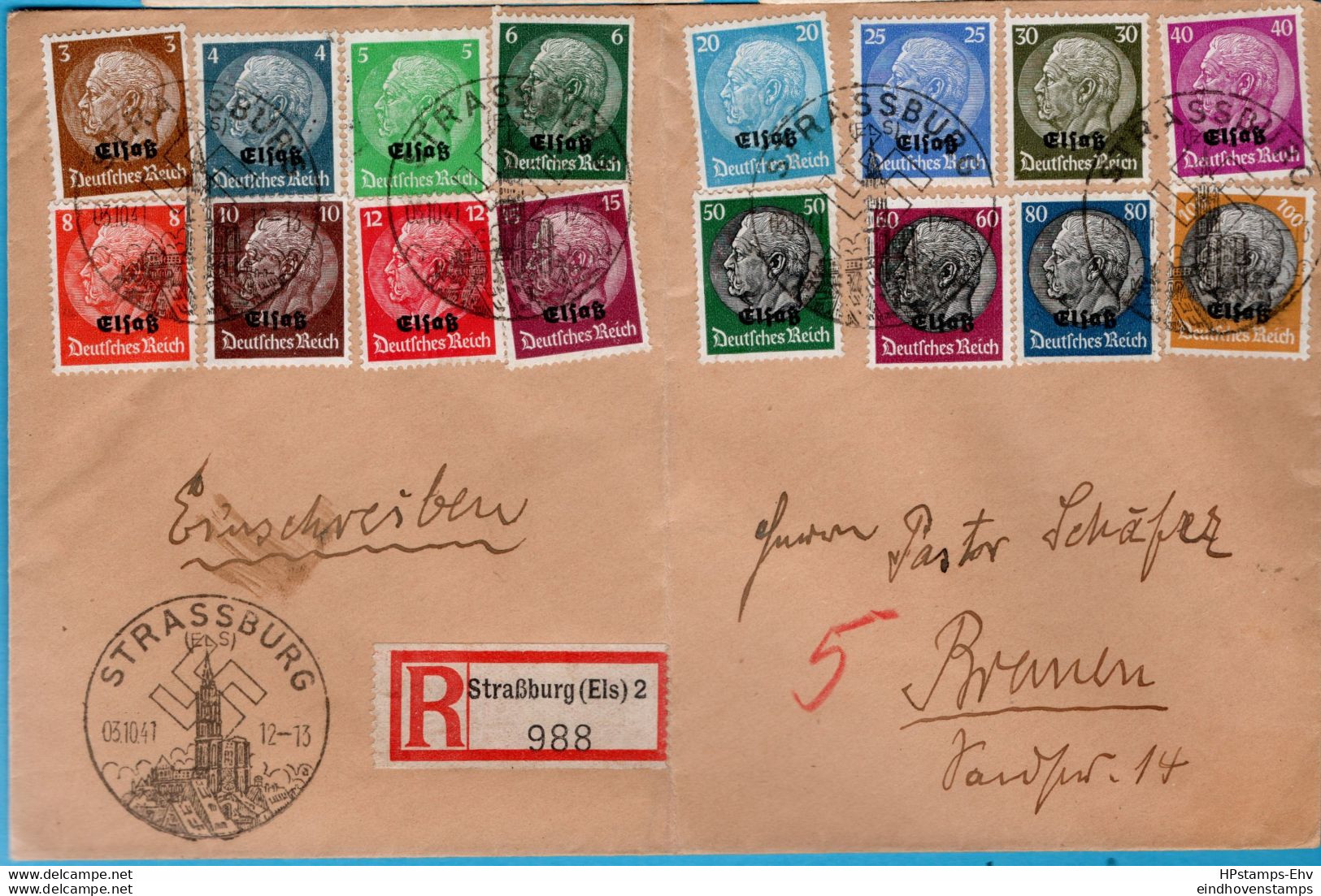 German Hindenburg Set Overprint Elsasz, Occupied French Alsece, Special Strassburg Cancel On Rletter, 16 Val. 2302.1301 - Other & Unclassified