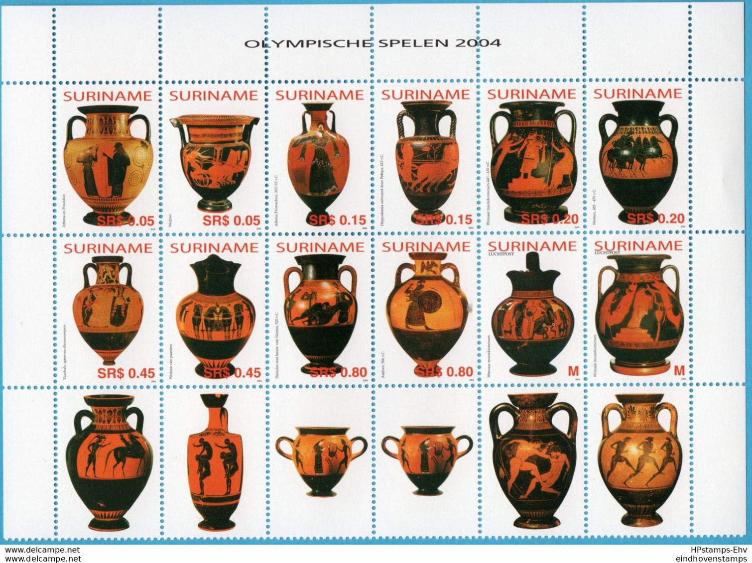 Suriname 2004 Olympic Games Athens - Old Greek Vases - Depicting Sport Scenes  MNH 2108.0405 With 6 Labels - Sommer 2004: Athen