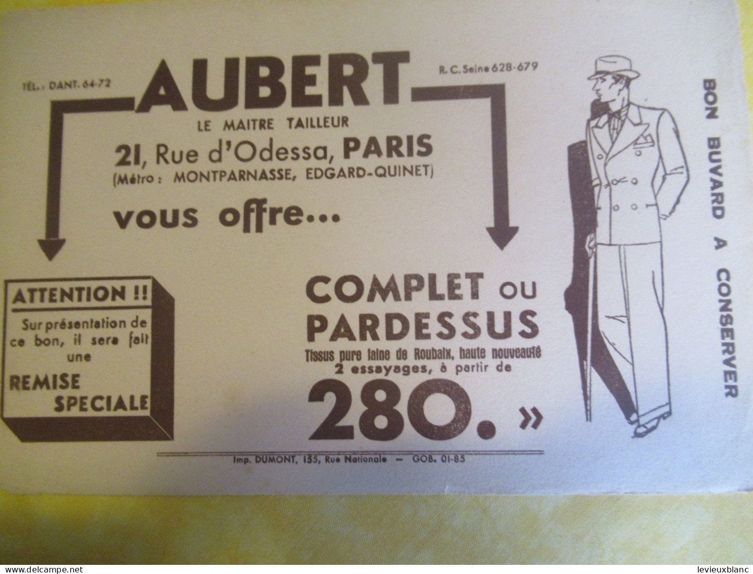 Buvard Ancien  /Tailleur /"AUBERT Le Maitre-Tailleur "/Complet Ou Pardessus/ Rue D'Odessa /Paris/Vers 1950-1960   BUV734 - Textile & Vestimentaire