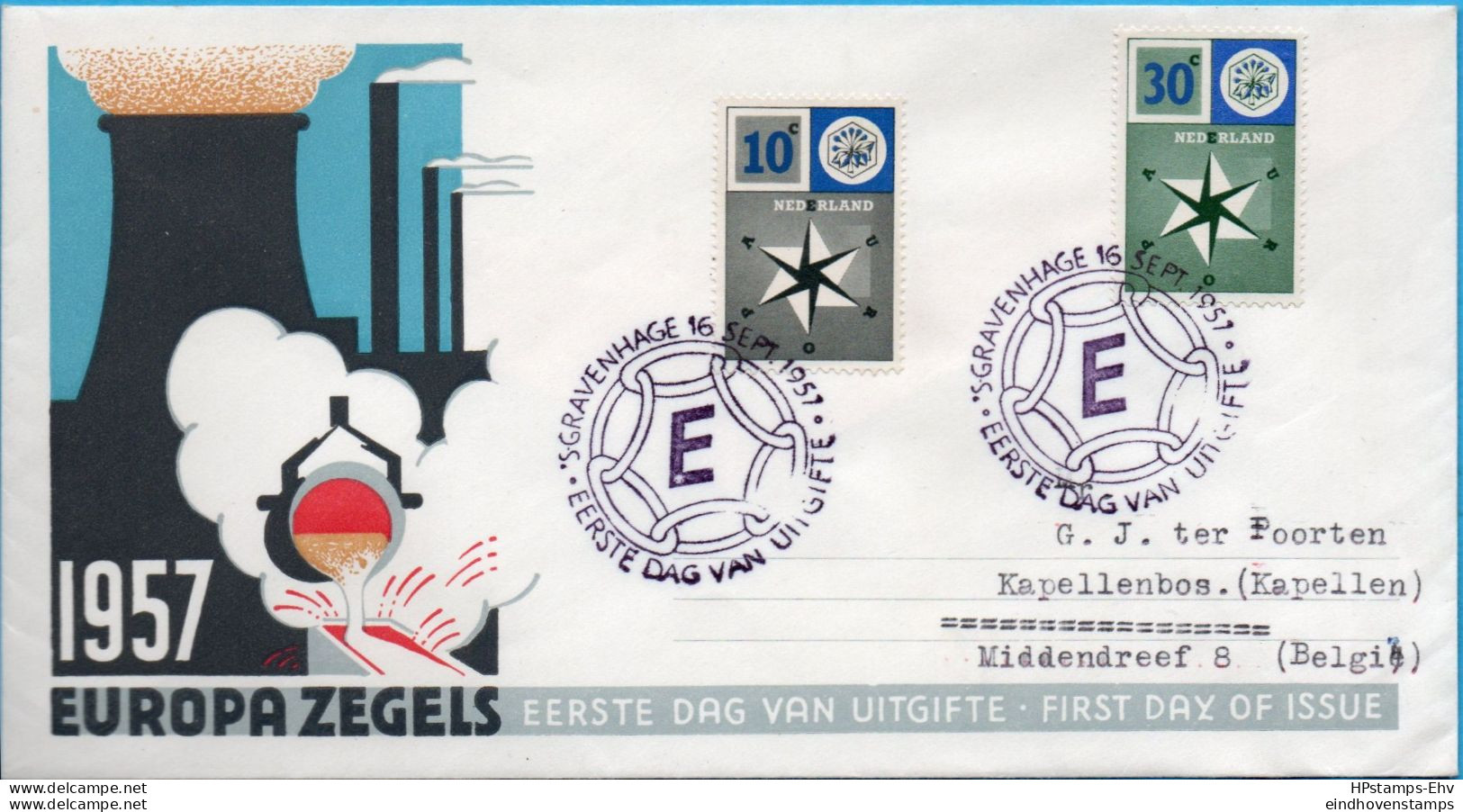 Netherlands 1957 Europe - Cept Stamps First Day Cover Mailed To Belgium (fold) FDC-57-06.2 - 1957