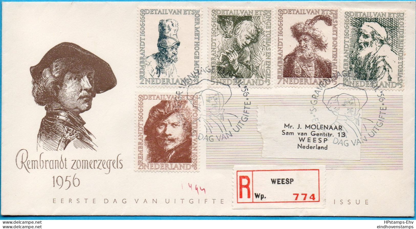 Netherlands 1956 Rembrandt Stamps First Day Cover Mailed Registered To Weesp NL-FDC-56.01 - Rembrandt