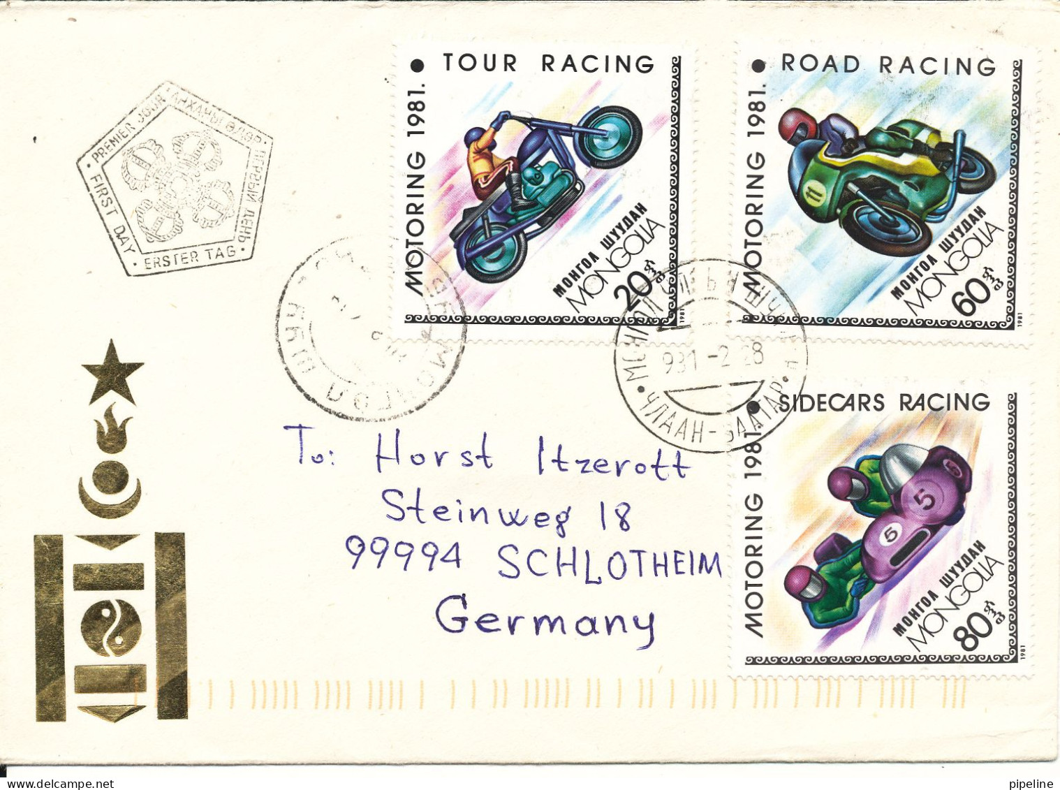 Mongolia FDC / Cover Sent To Germany 1991 Topic Stamps Racing - Mongolie