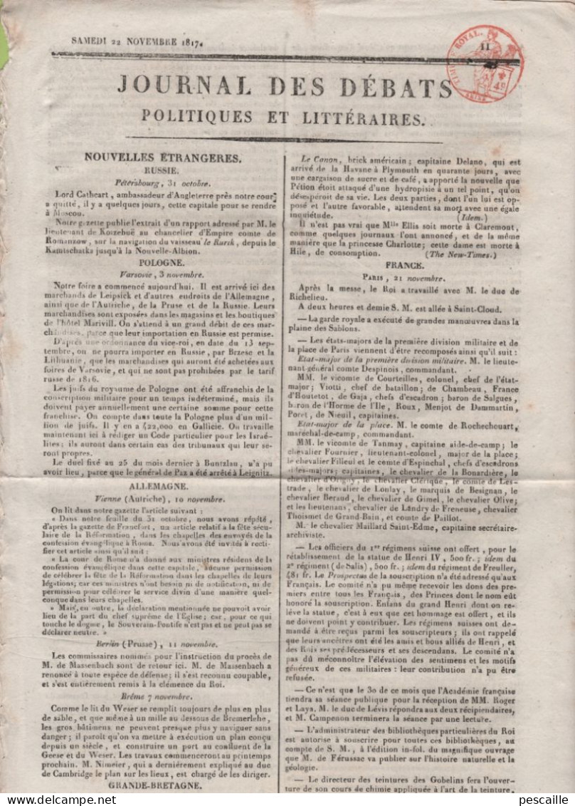 JOURNAL DES DEBATS 22 11 1817 - POLOGNE - VIENNE - BREME - 1er REGIMENT SUISSE - SAPONAY MAAST ET VIOLAINE - BOTANIQUE - 1800 - 1849