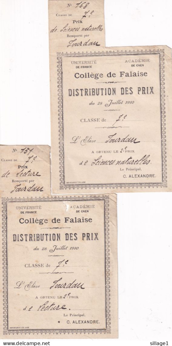 FALAISE (Calvados 14) Collège De Falaise - Distribution Des  Prix Du 28 Juillet 1910 Classe De 7e - Diplômes & Bulletins Scolaires