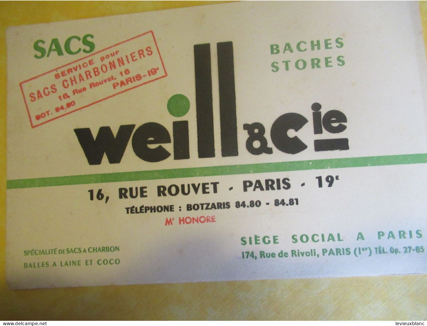 Buvard Ancien  /Sac à Charbon  /" WEILL & Cie"/Bâches-Stores/Sacs Charbonniers/ Paris Vers 1950-1960   BUV736 - S