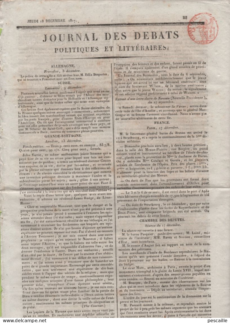 JOURNAL DES DEBATS 18 12 1817 - LAUSANNE - LONDRES JOHN VARTIE - MEXIQUE FRANCISCO MINA - LOI SUR LA PRESSE - 1800 - 1849