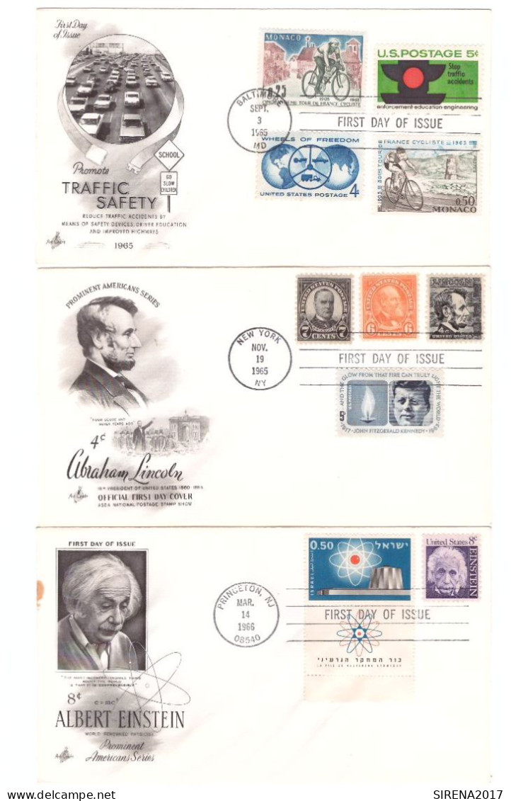 3 F.D.C. FIRST DAY OF ISSUE -TRAFFIC SAFETY + ALBERT EINSTEIN + ABRAHAM LINCOLN - 1961-1970