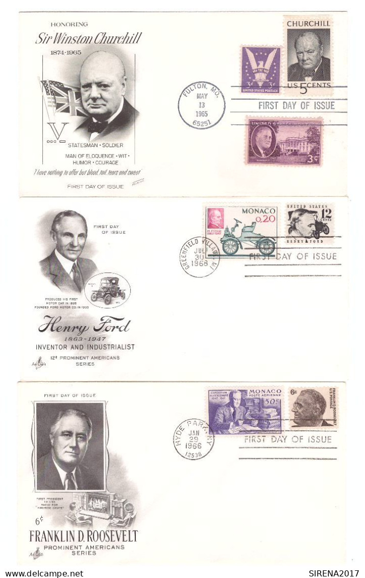 3 F.D.C. FIRST DAY OF ISSUE -SIR WINSTON CHURCHILL+ HENRY FORD+ FRANKLIN ROOSEVELT - 1961-1970