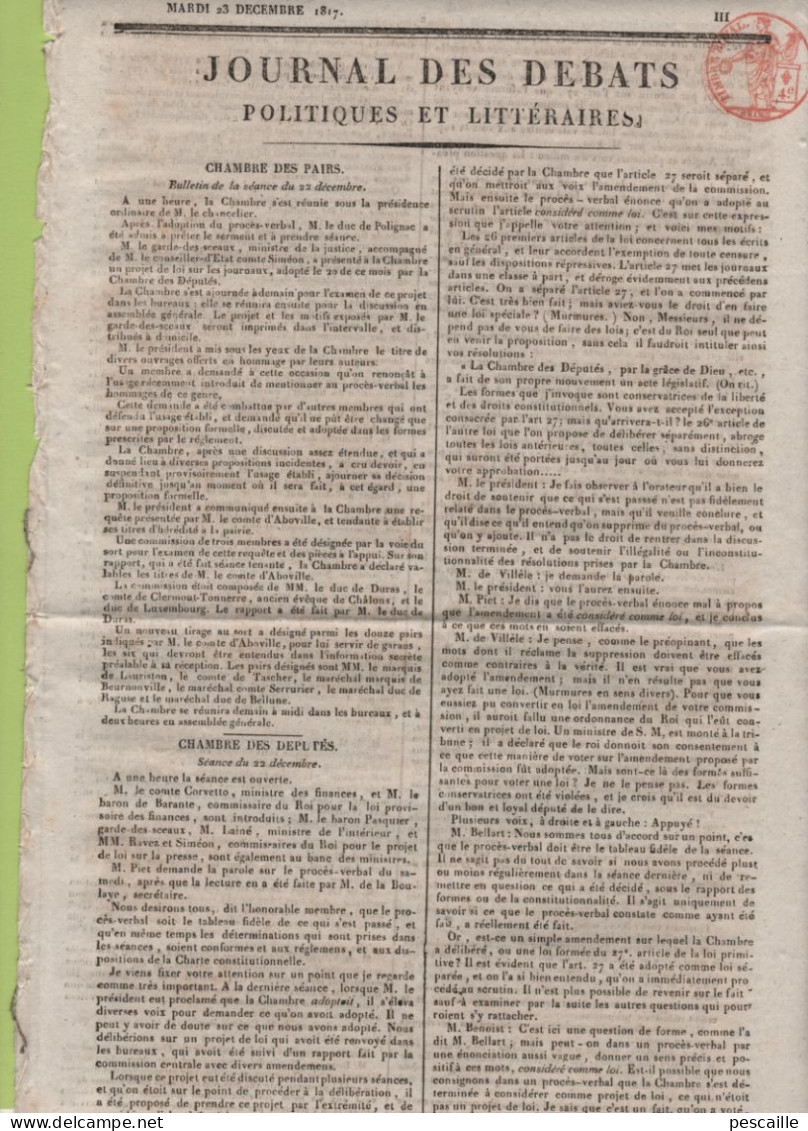 JOURNAL DES DEBATS 23 12 1817 - PROJET DE LOI SUR LA PRESSE - - 1800 - 1849