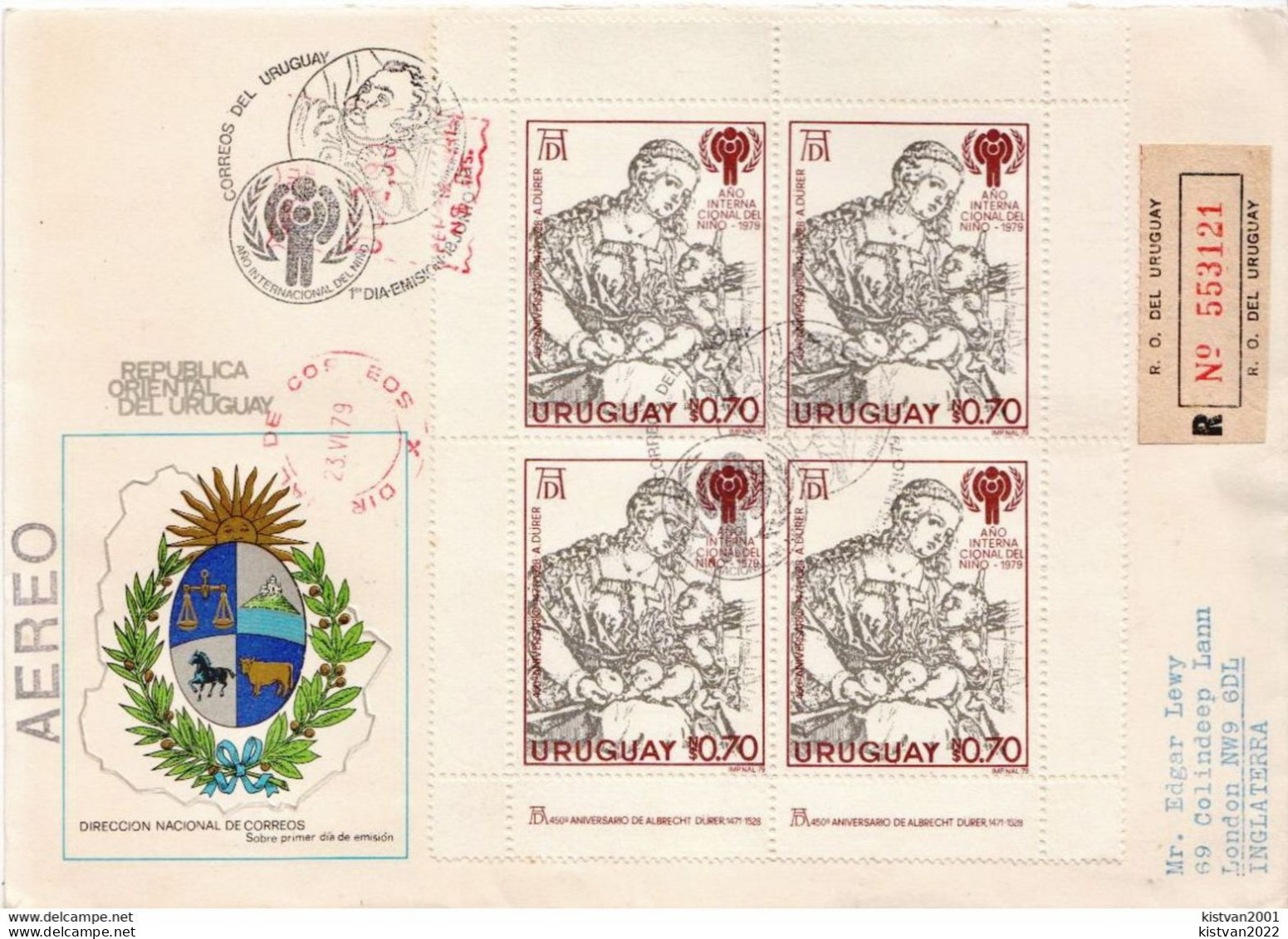 Postal History: Uruguay Registered Cover From 1979 With SS - Grabados