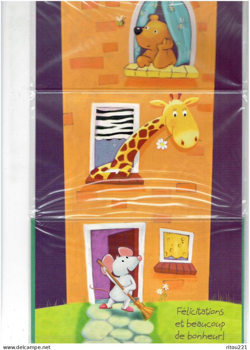 Grande Cpm Dépliante 5 Volets Illustration Chat Vache Ours Abeille Girafe Souris Balai Gruyère - Ours