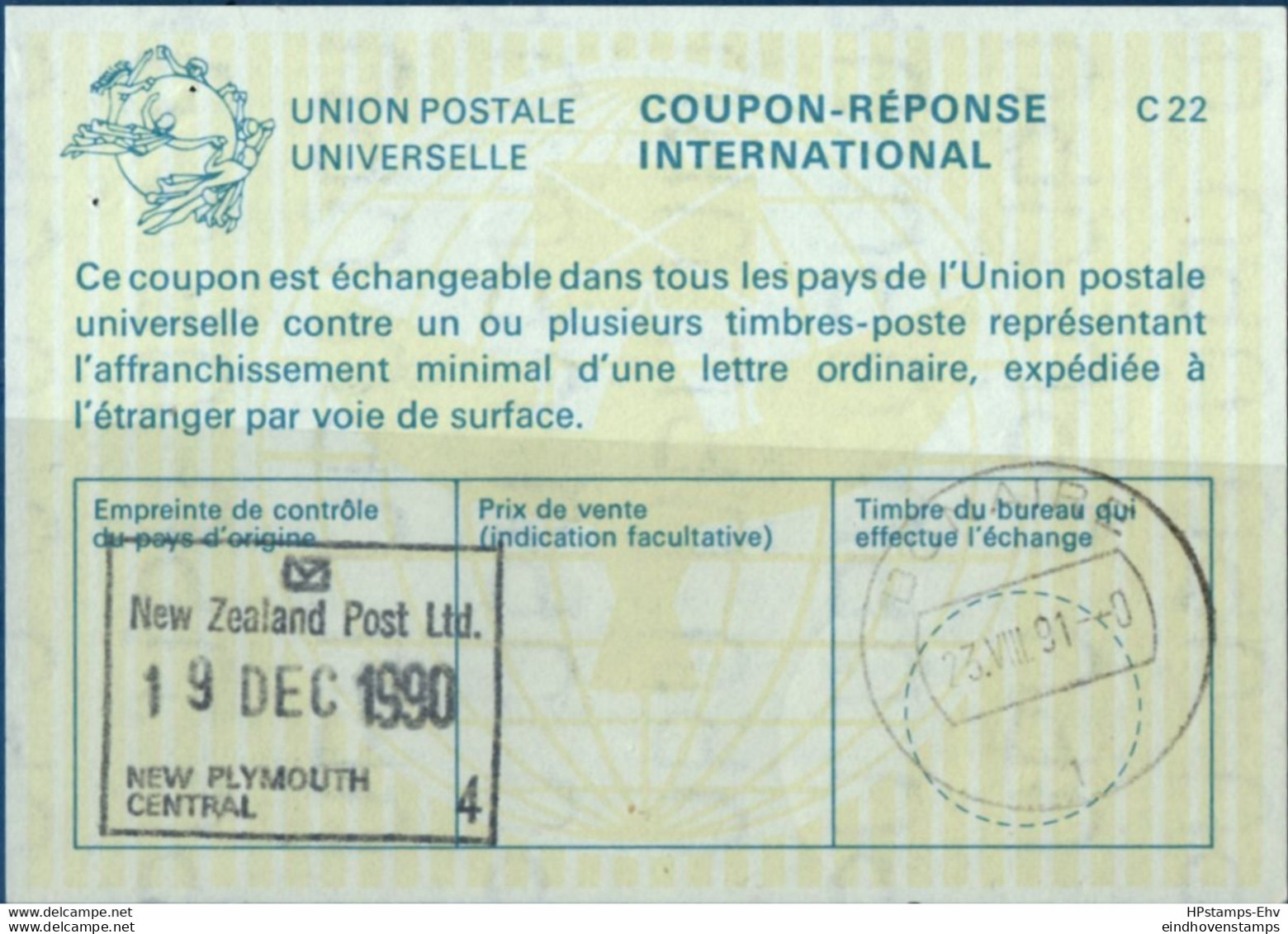 Nwe Zealand 1990 IRC From New Plymouth 19.12.90 To Bonaire, Dutch Antilles 2107.0605 CRI, Coupon Reponse, - Gebruikt