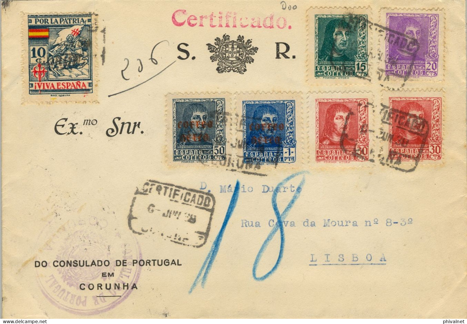 1938 CORUÑA , CORREO CONSULAR , CERTIFICADO A LISBOA , TRÁNSITO DE VIGO Y LLEGADA , VIÑETA POR LA PATRIA - Storia Postale