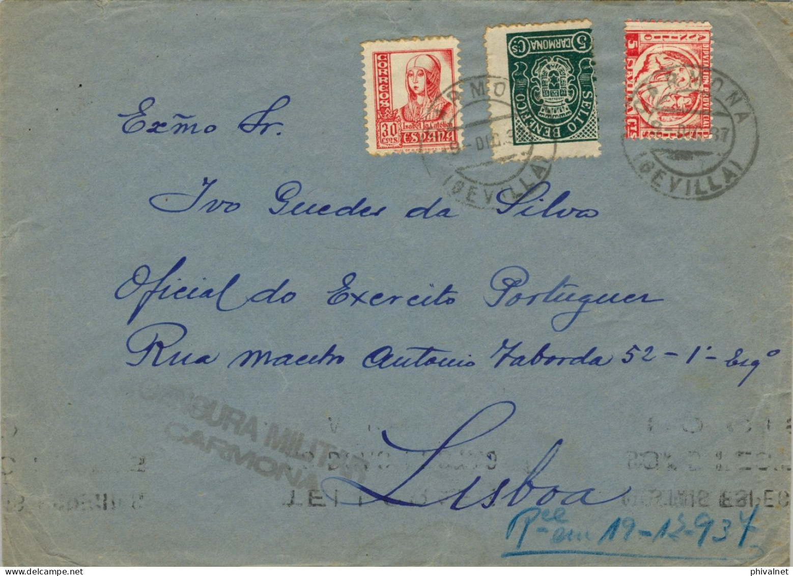 1937 SEVILLA , CARMONA - LISBOA , LLEGADA AL DORSO , CENSURA MILITAR Y SELLO LOCAL BENÉFICO DE CARMONA - Briefe U. Dokumente