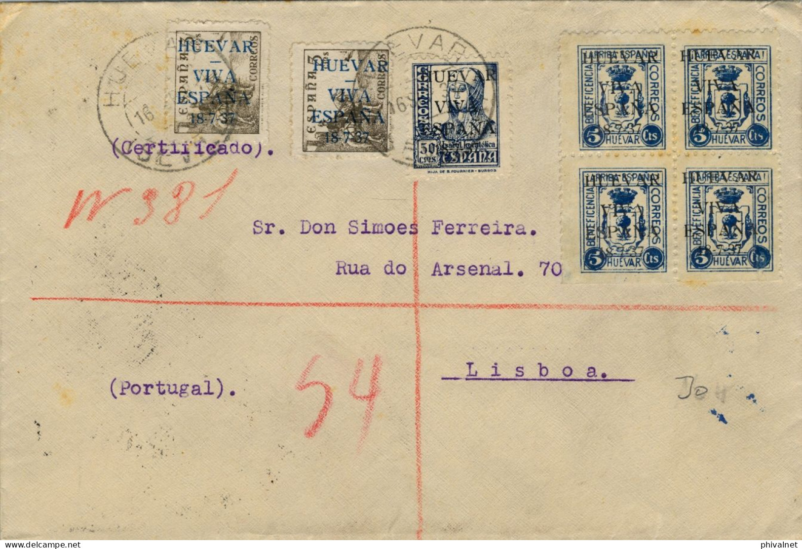 1938 SEVILLA , CERTIFICADO CIRCULADO ENTRE HUÉVAR Y LISBOA , FRANQUEO CON SELLOS PATRIÓTICOS , LLEGADA  , AMBULANTE - Brieven En Documenten