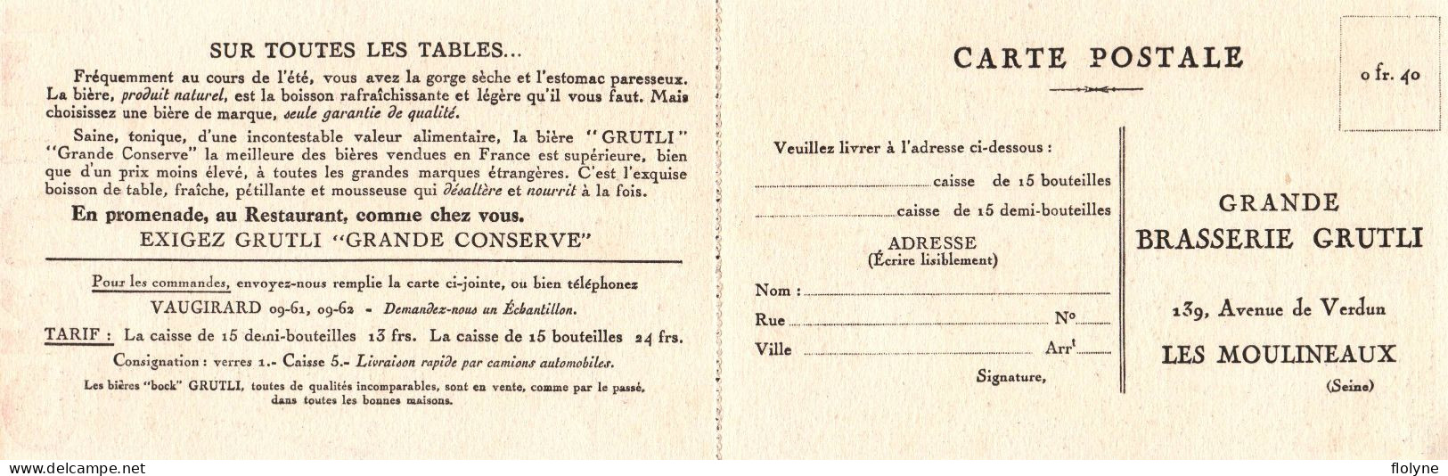 Bière GRUTLI - Cpa Double Publicitaire Pub Publicité Illustrateur - Grande Brasserie , 139 Ave De Verdun Les Moulineaux - Publicité