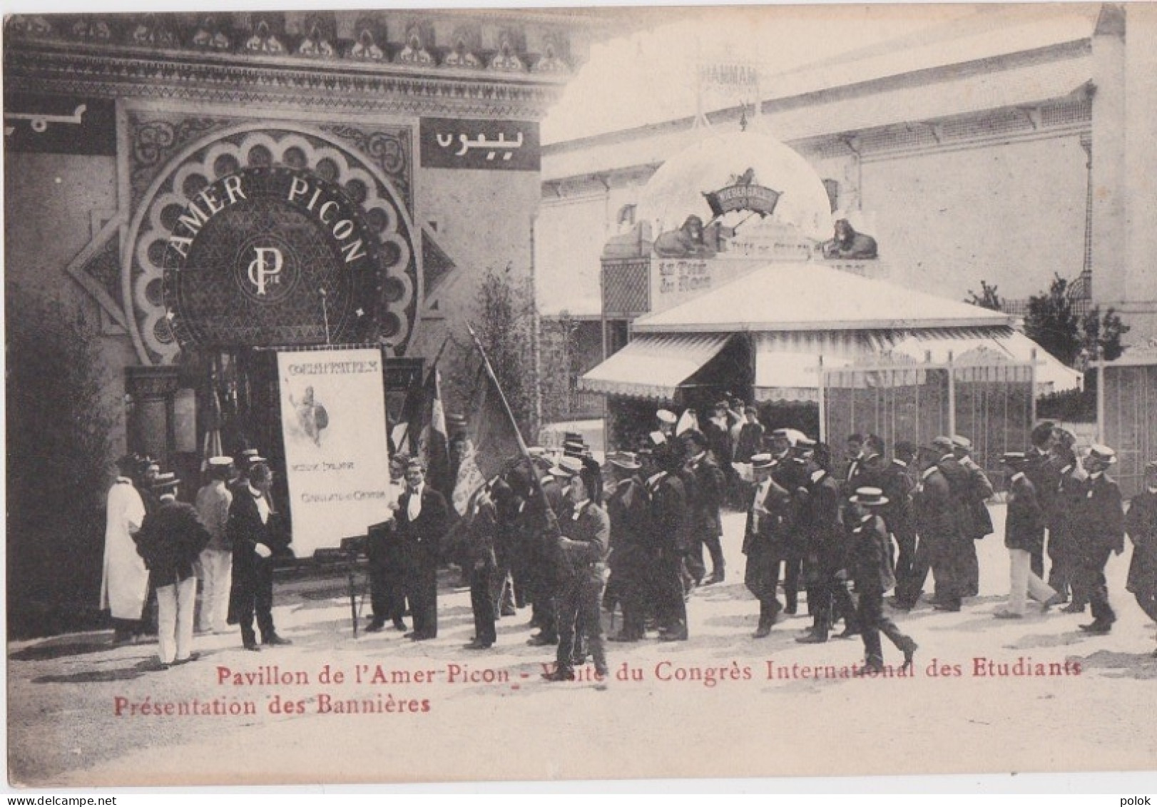 Cm - Cpa Marseille - Pavillon De L'Amer Picon - Visite Du Congrès Des Etudisnts - Présentation Des Bannières - Weltausstellung Elektrizität 1908 U.a.