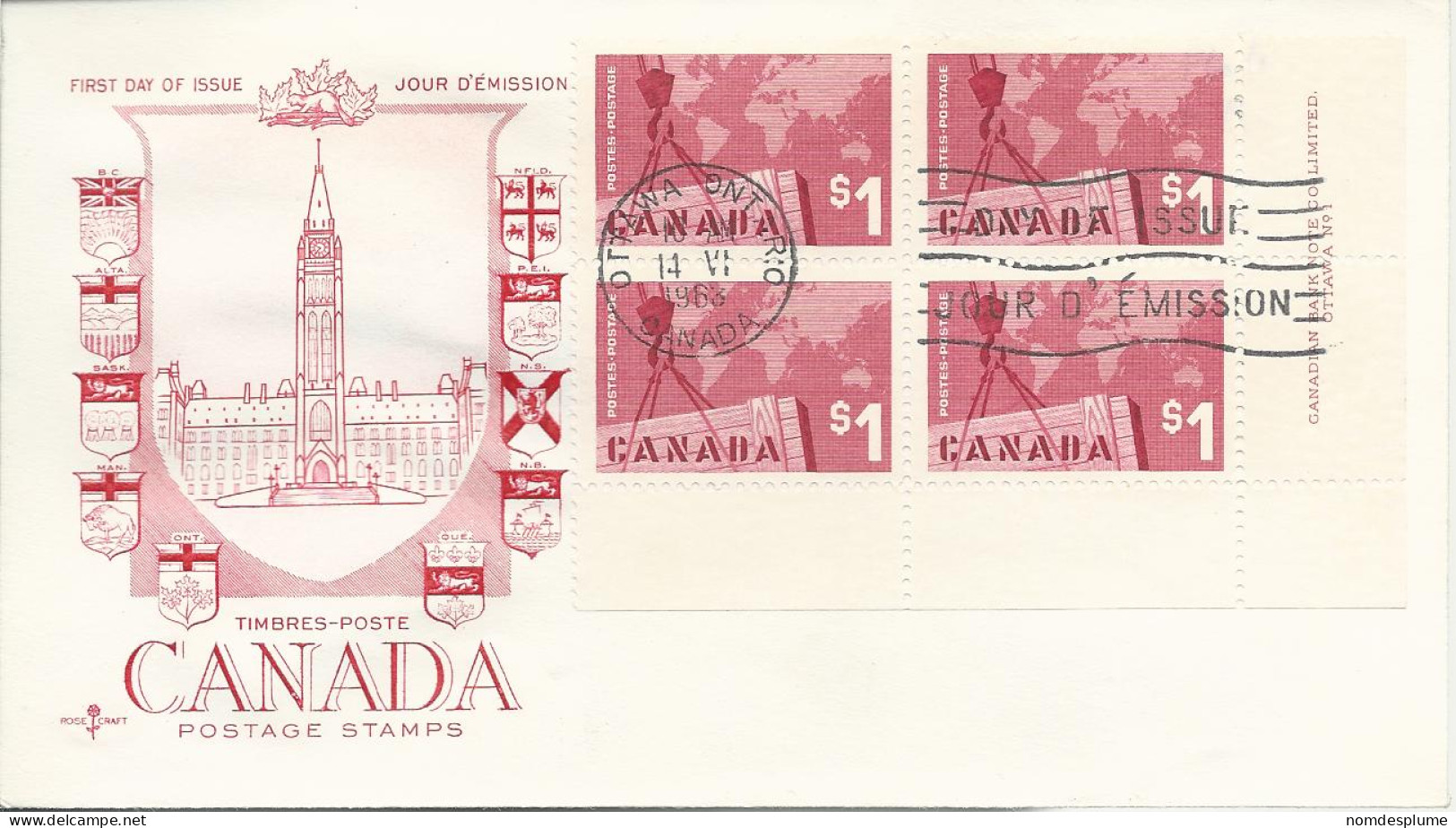 24623) Canada FDC $1 Export Crate Plate Block - Plattennummern & Inschriften