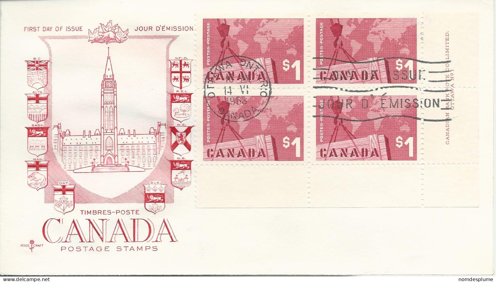 24623) Canada FDC $1 Export Crate Plate Block - Plaatnummers & Bladboorden