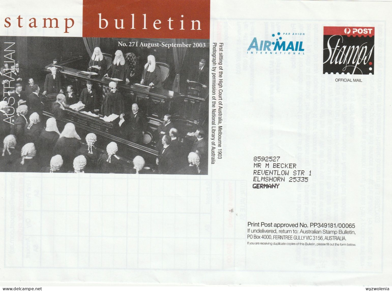 D 1683) Australien 2003 GS Mit Wertstempel: Abbildung: 1. Sitzung Des High Court 1903 In Melbourne - Lettres & Documents