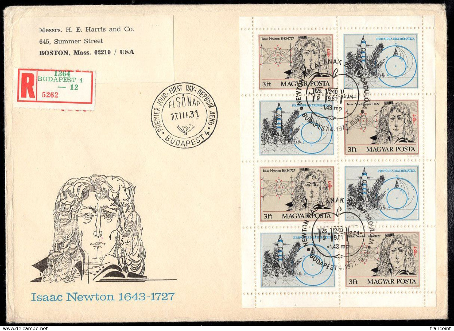 HUNGARY(1977) Newton. Double Convex Lens. Registered FDC With Cachet And Thematic Cancel. Scott No 2485. Full Sheetlet. - FDC