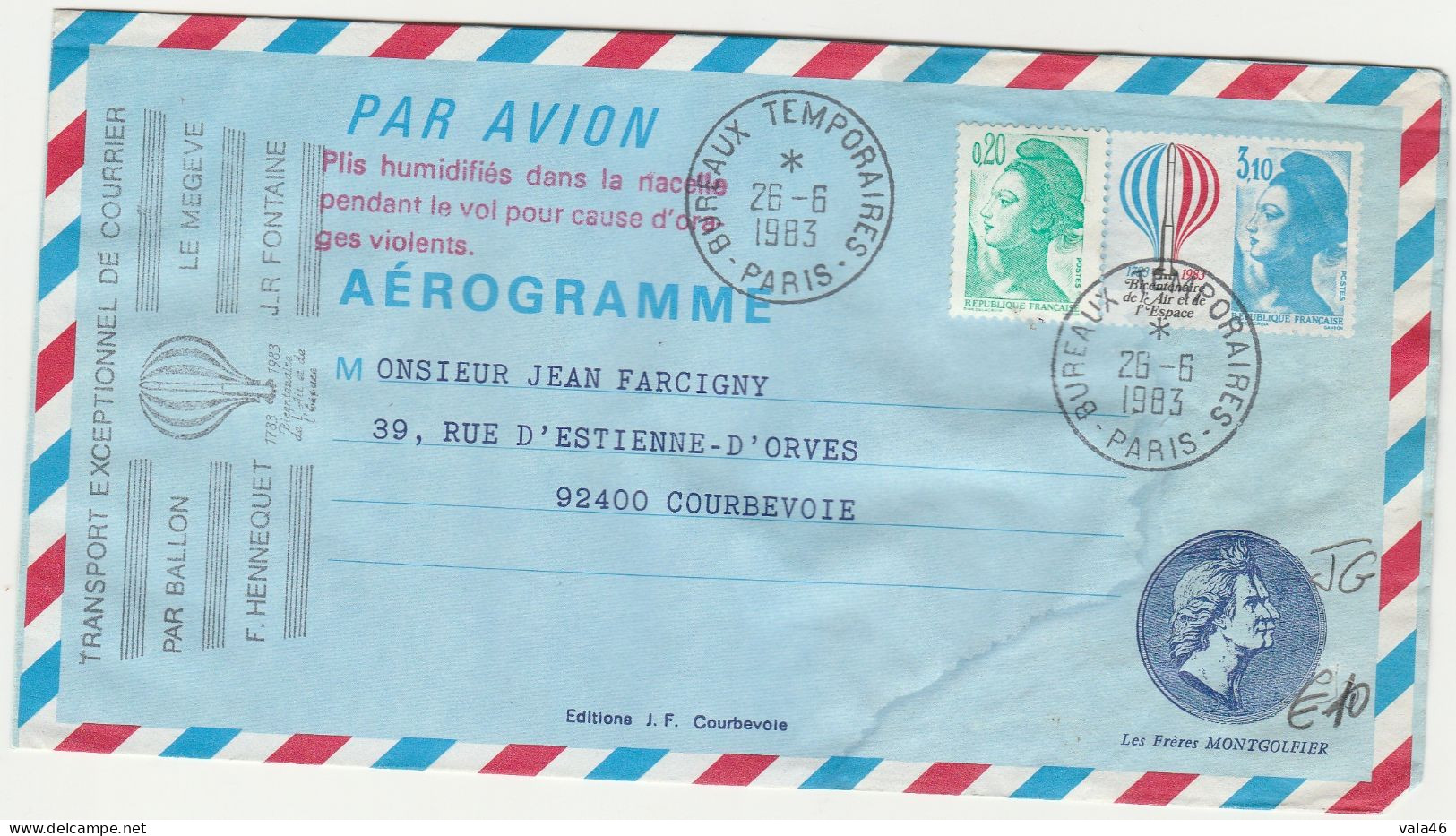 THEME AVIATION    AEROGRAMME  N° 1010 AER  - TRANSPORT PAR BALLON BICENTENAIRE DE L'AIR ET DE L'ESPACE - Aviones