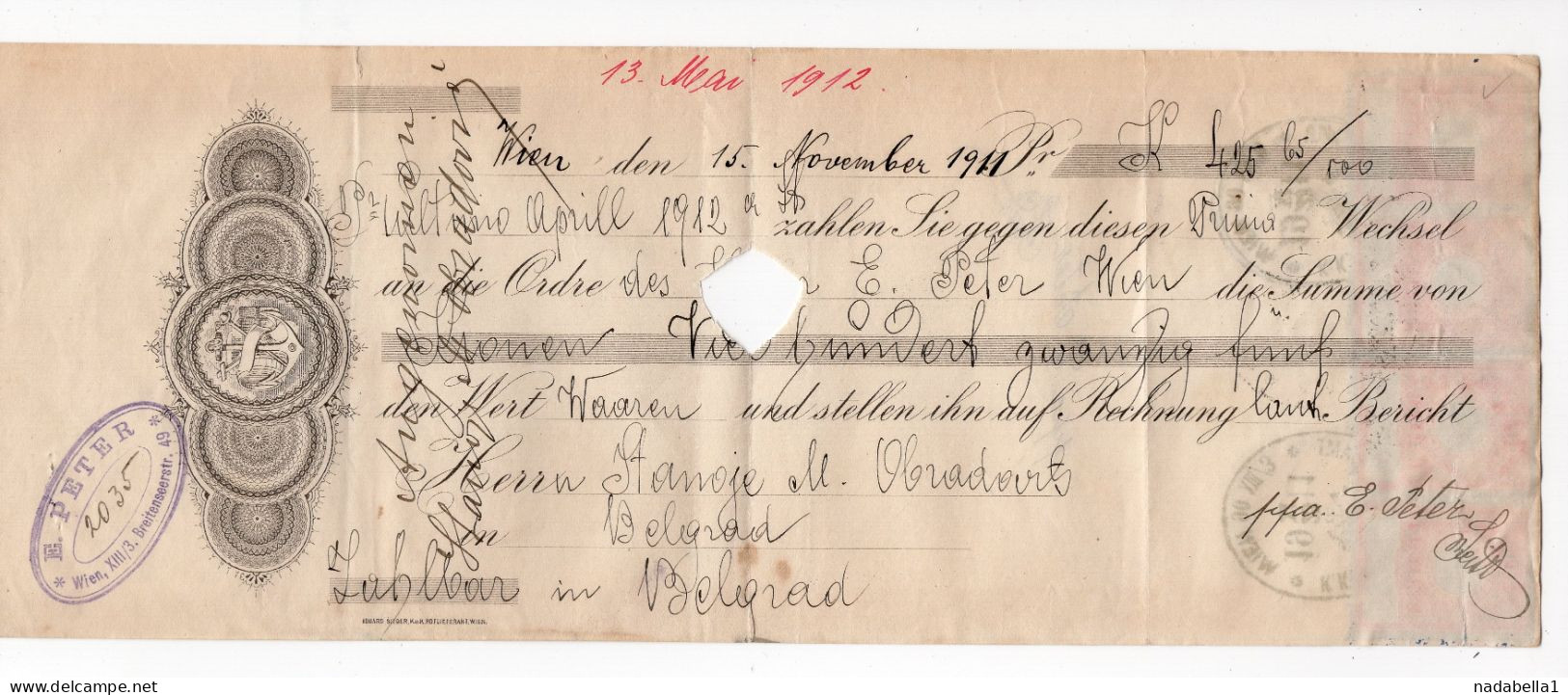 1911.  AUSTRIA,VIENNA TO SERBIA,CHEQUE WITH 4 X 10 HELLER REVENUE STAMPS - Fiscale Zegels