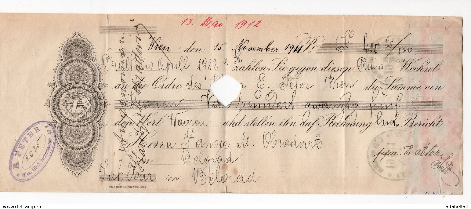 1911.  AUSTRIA,VIENNA TO SERBIA,CHEQUE WITH 4 X 10 HELLER REVENUE STAMPS - Fiscaux