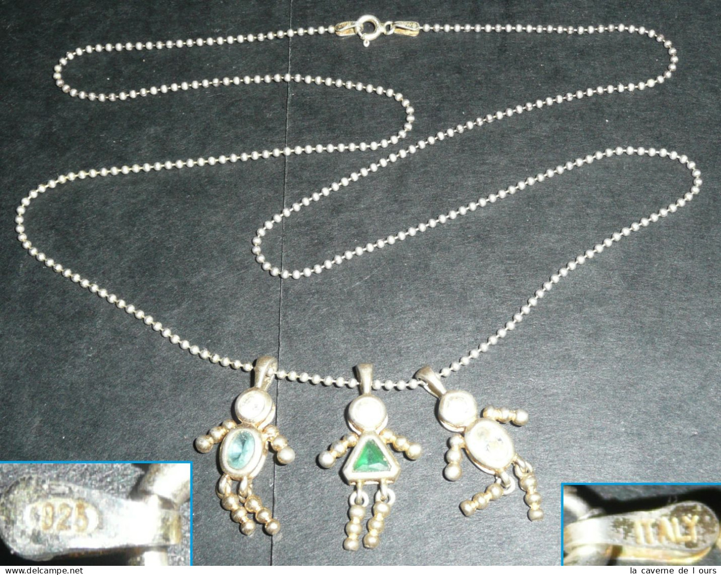 Rare Chaine Et 3 Pendentifs Personnages, En Argent Et Cristal De Swarovski - Colliers/Chaînes