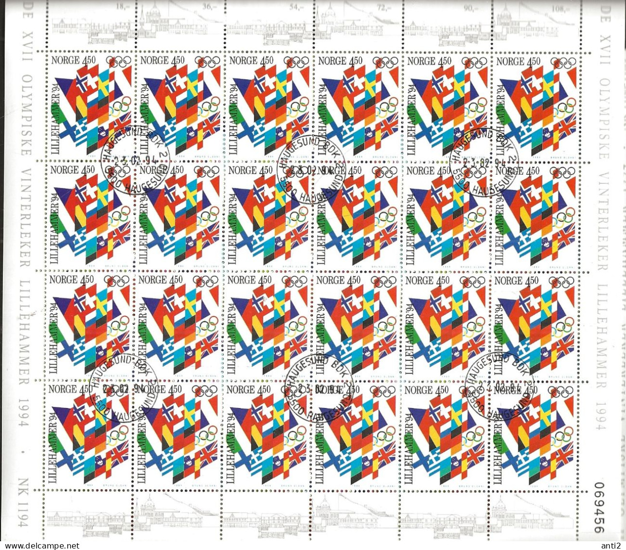 Norway 1994 Olympic Winter Games Lillehammer, Flags NOK 4.50  Mi 1149 In Full Sheet  Cancelle(o) 23.2.94 - Used Stamps