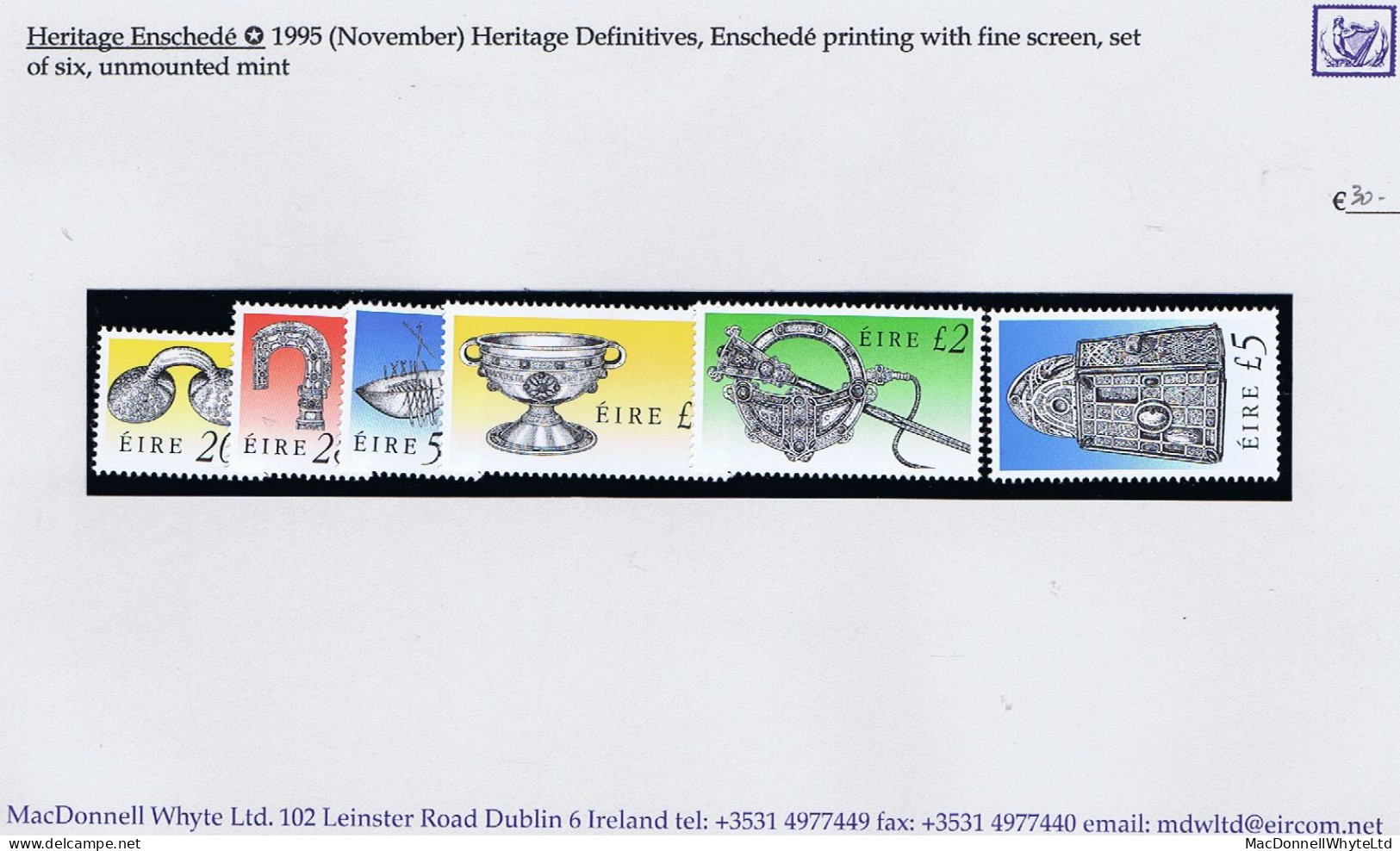 Ireland 1995 Heritage Definitives Enschede Printing (fine Screen) 20p To £5, Set Of Six Superb Mint Unmounted - Neufs