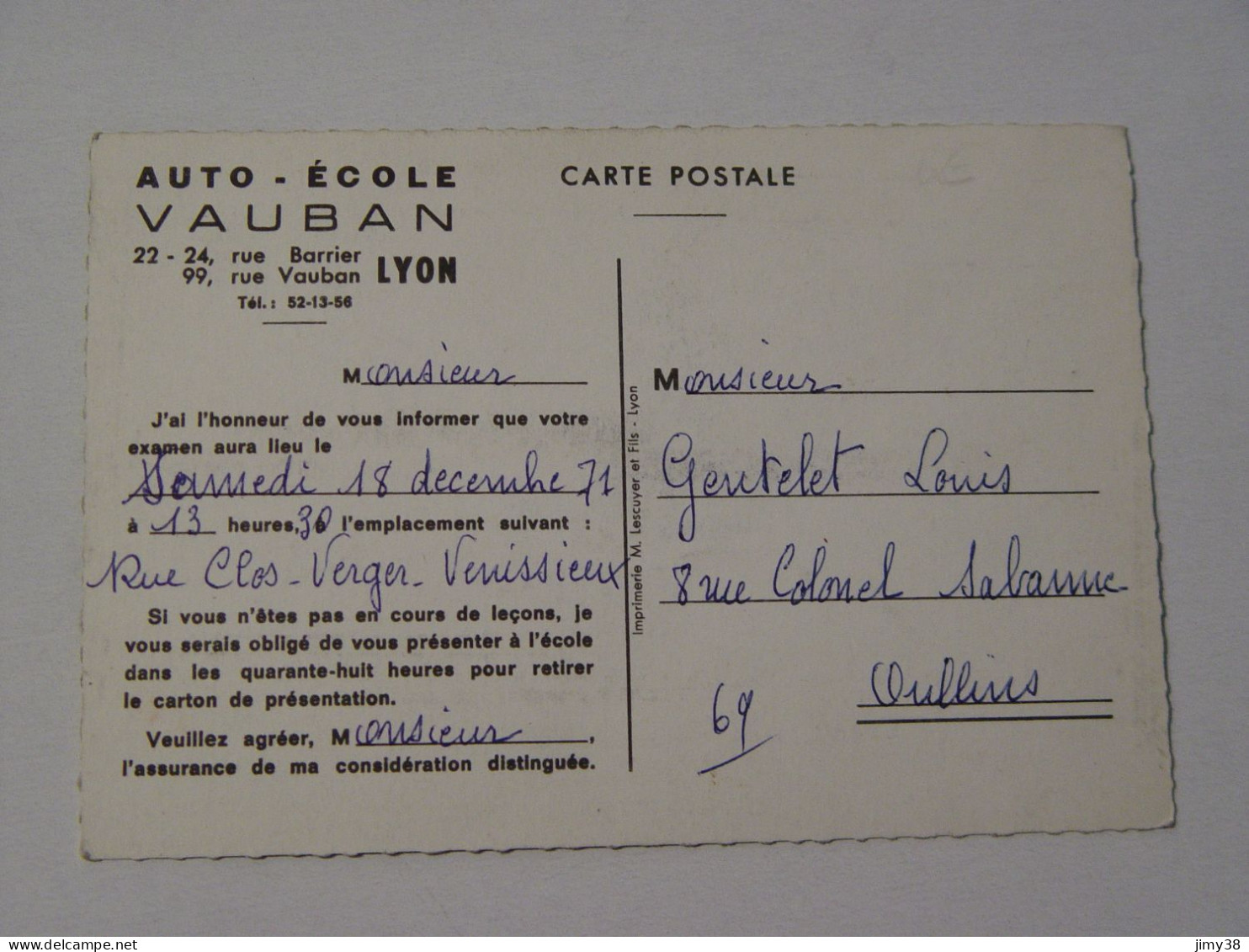 RHONE-LYON AUTO ECOLE VAUBAN 22-24 RUE BARRIER 99 RUE VAUBAN VOITURE AMI 6 -SIMCA - 404 ETC - Autres & Non Classés