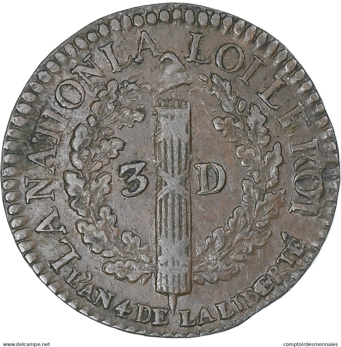 France, Louis XVI, 3 Deniers, 1792 / AN 4, Lyon, Barré, TTB+, Cuivre, Gadoury:5 - Other & Unclassified