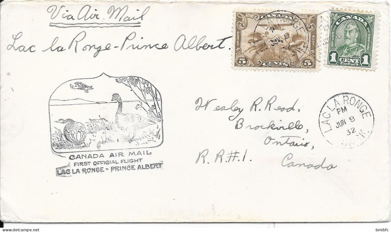 CANADA AIR MAIL - FIRST OFFICIAL FLIGHT - LAC LA RONGE - PRINCE ALBERT -    8 JUIN 32 - Lettres & Documents