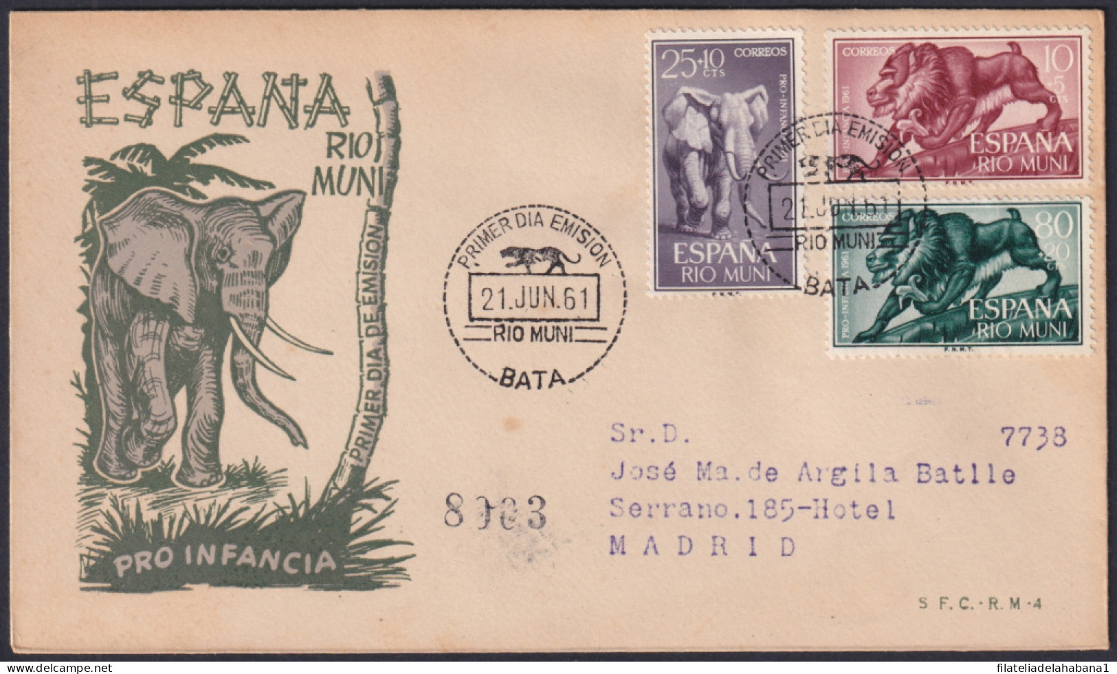 F-EX45734 RIO MUNI SPAIN 1961 REG FDC PRO-CHILDREN ELEPHANT MANDRIL MONKEY TO BARNA.  - Rio Muni