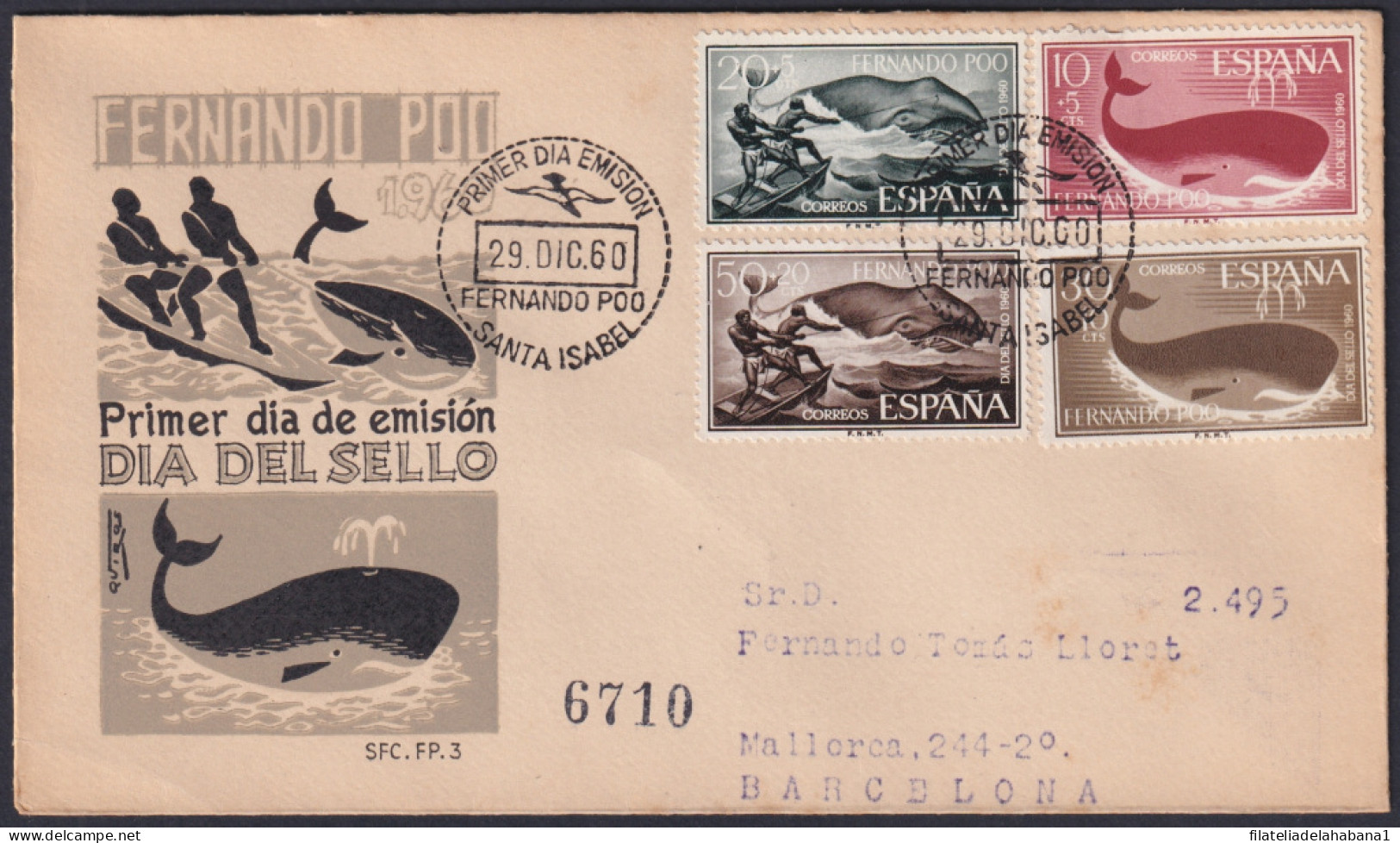 F-EX45737 FERNANDO POO SPAIN 1960 REG FDC FISHING WHALE FISH TO BARCELONA.  - Fernando Po