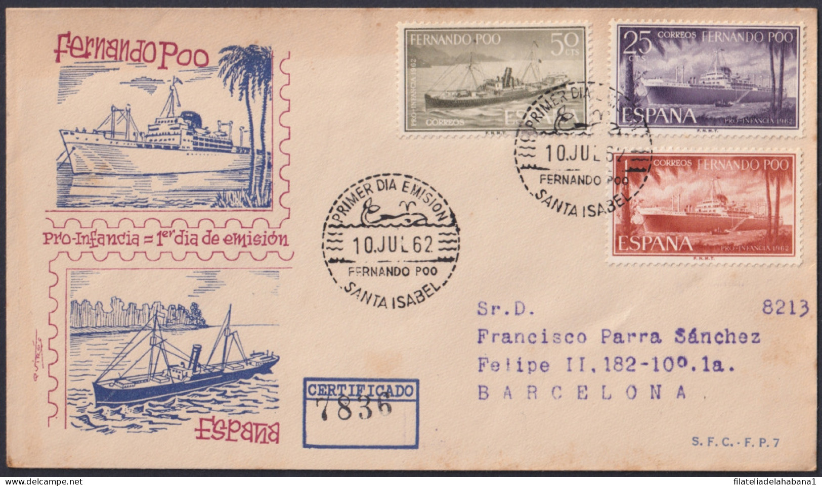 F-EX45738 FERNANDO POO 1962 REG FDC PRO-CHILDREN SHIP CRUICER BARCOS TO SPAIN.  - Fernando Po