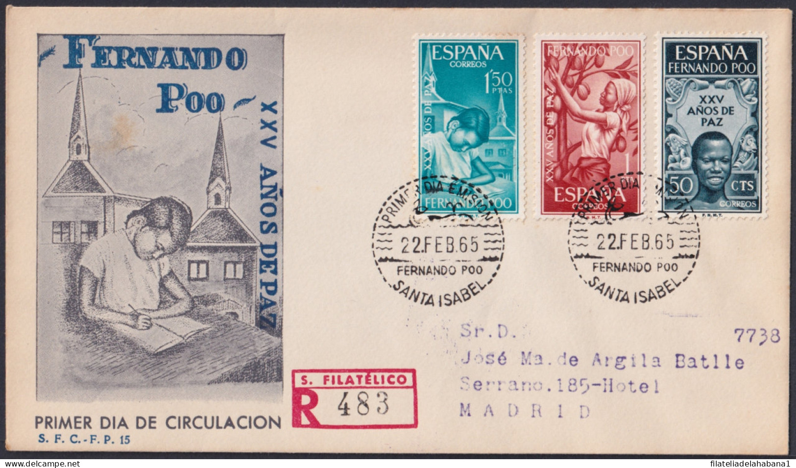 F-EX45742 FERNANDO POO 1965 REG FDC XXV YEAR OF PEACE LEARNING FRUIT TO SPAIN.  - Fernando Poo