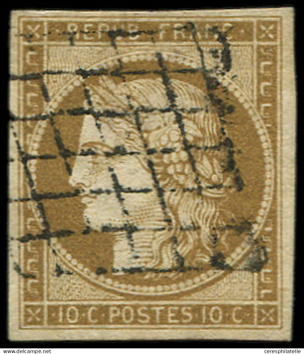 EMISSION DE 1849 - 1c   10c. Bistre-VERDATRE FONCE, Obl. GRILLE, Nuance Certifiée Calves, TB - 1849-1850 Ceres