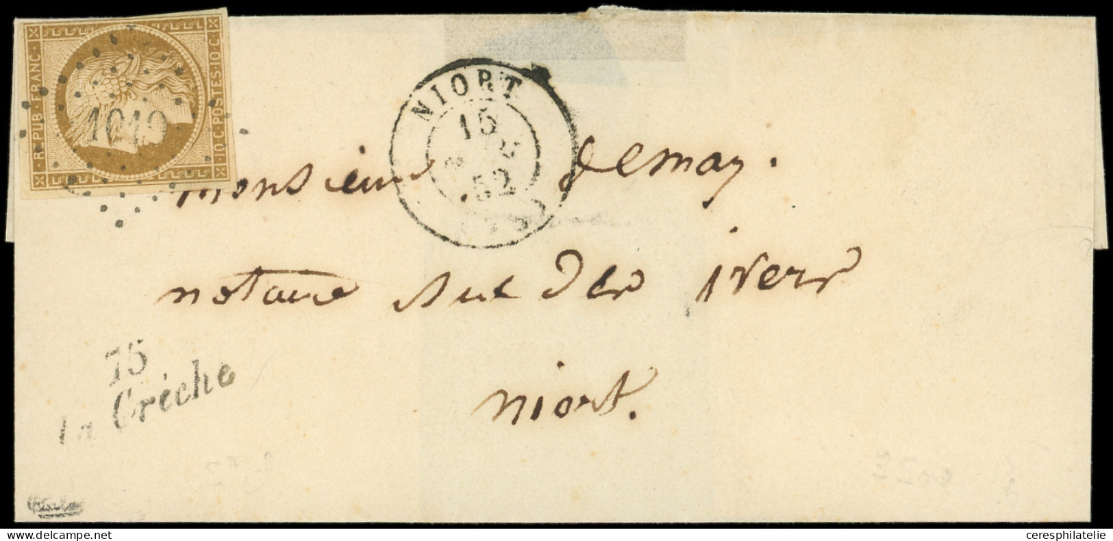 Let EMISSION DE 1849 - 1    10c. Bistre Jaune, Obl. PC 1019 S. LSC, Càd T15 NIORT 15/11/52 Et Cursive 75/LA CRECHE, TB - 1849-1876: Periodo Classico