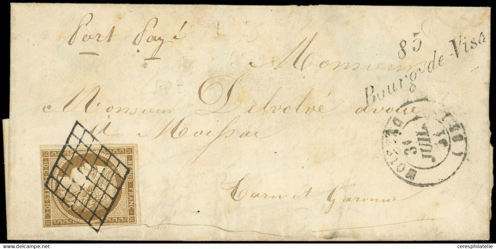 Let EMISSION DE 1849 - 1    10c. Bistre-jaune, Au Filet Dans Un Angle, Obl. GRILLE S. LAC, Cursive 85/BOURG-DE-VISA Et C - 1849-1876: Klassik