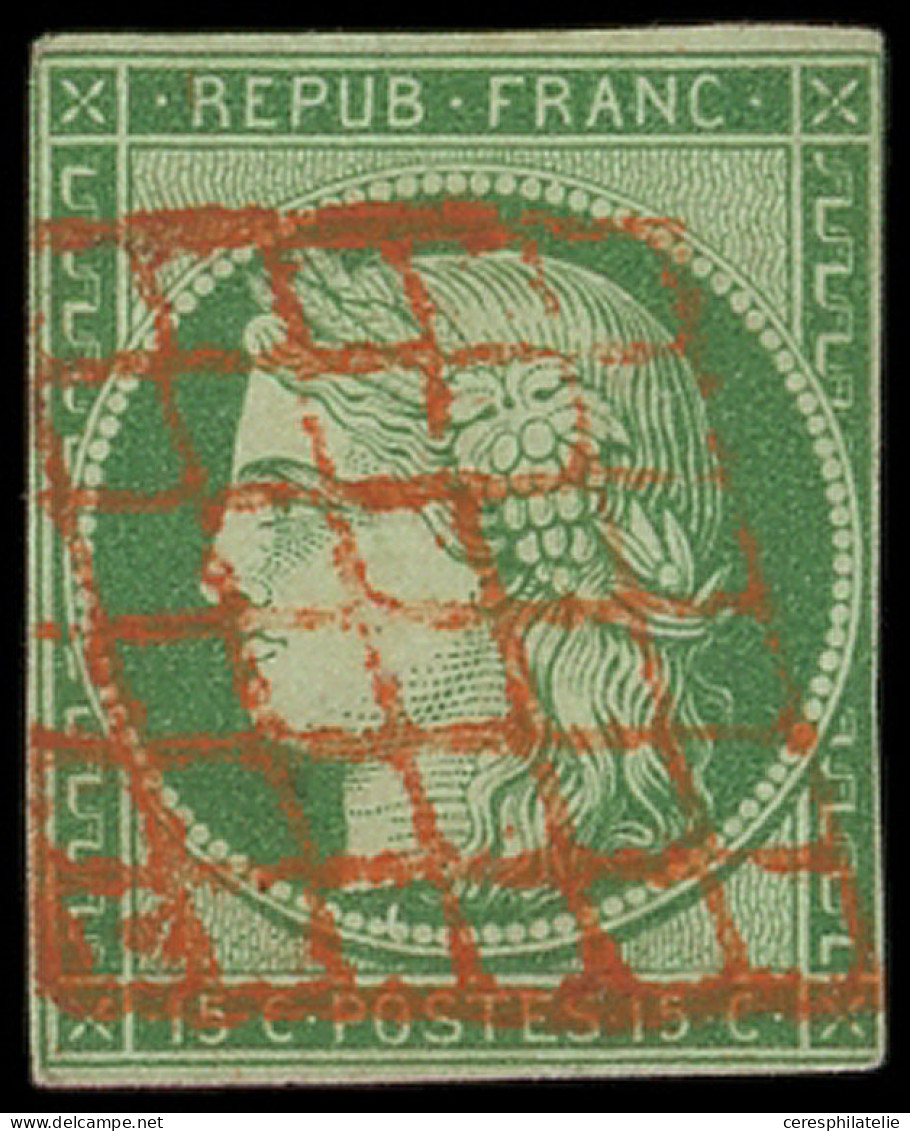 EMISSION DE 1849 - 2    15c. Vert, Filet Coupé, Obl. GRILLE ROUGE, Frappe TB - 1849-1850 Cérès