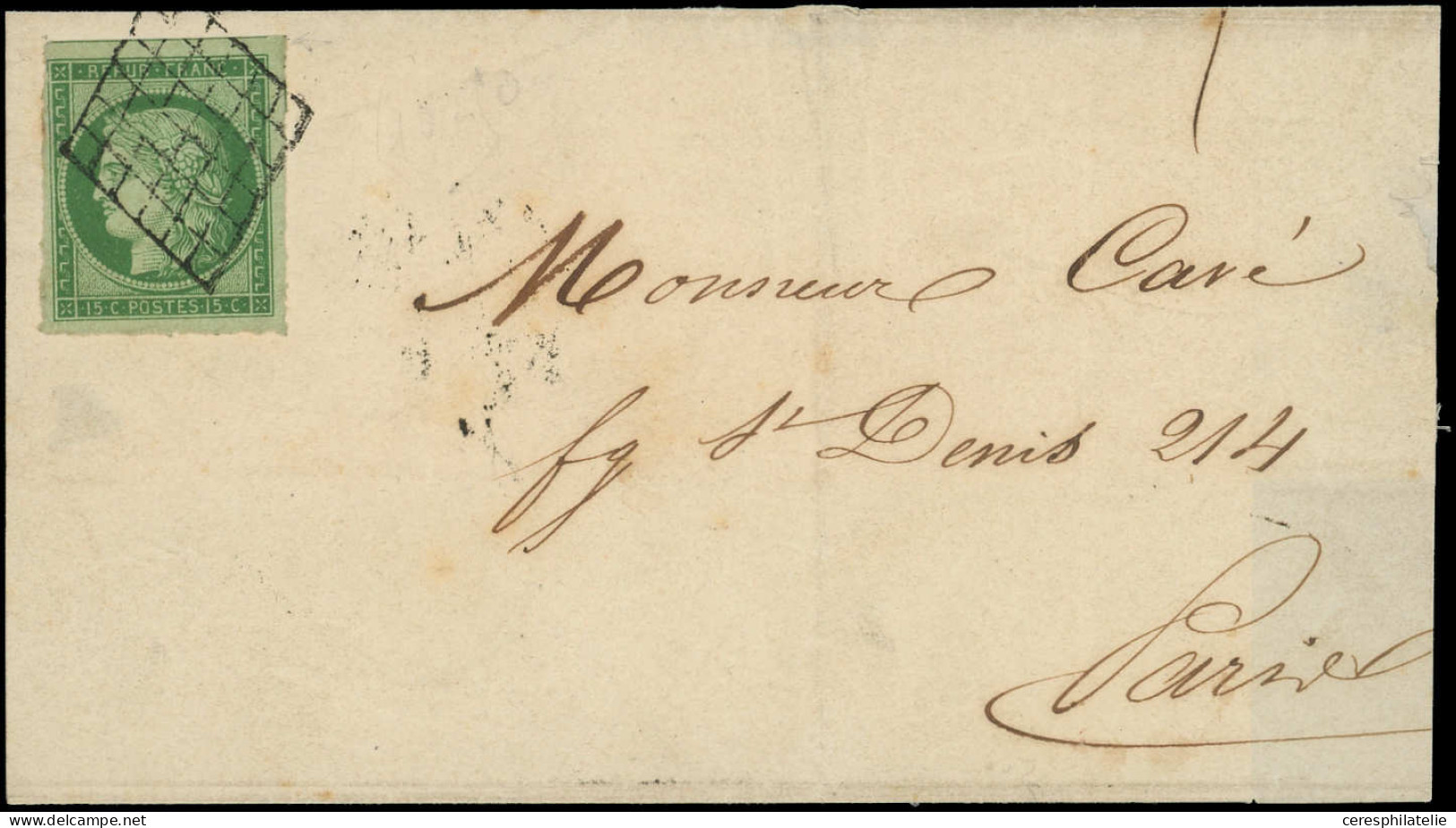Let EMISSION DE 1849 - 2    15c. Vert, 3 Marges énormes, Obl. GRILLE S. LSC De Paris Pour Paris 21/3/51, TTB - 1849-1876: Periodo Classico