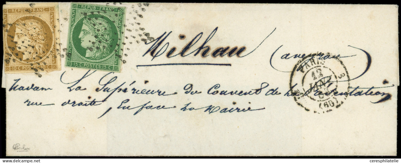 Let EMISSION DE 1849 - 2 Et 1a, 15c. Vert Et 10c. Bistre-brun (touché) Obl. ETOILE S. LSC, Càd PARIS 12/1/53, TB, Certif - 1849-1876: Periodo Classico
