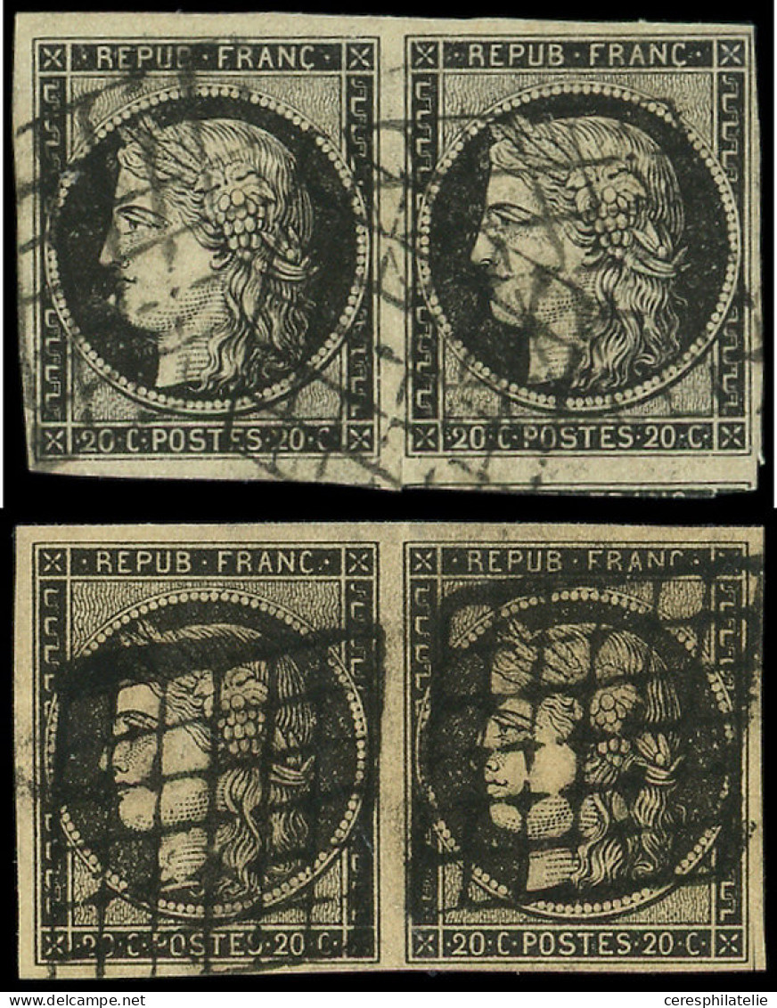 EMISSION DE 1849 - 3 Et 3a, 20c. Noir Sur Jaune Et Noir Sur Jaune, 2 PAIRES Obl. GRILLE, TB - 1849-1850 Ceres